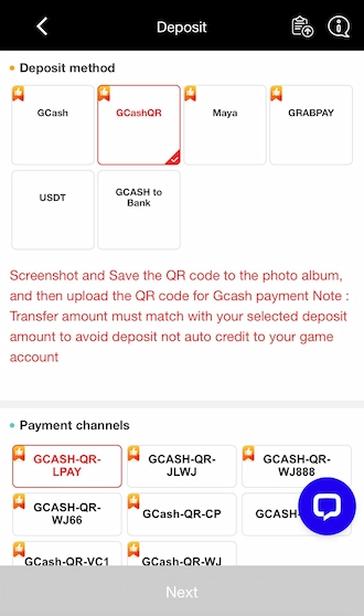 Step 2: members should choose the payment method as GCashQR and choose one of the suggested payment channels below.