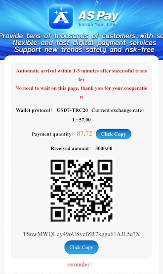 Step 3: please open your cryptocurrency wallet and make a payment using the QR code or wallet address we have provided.