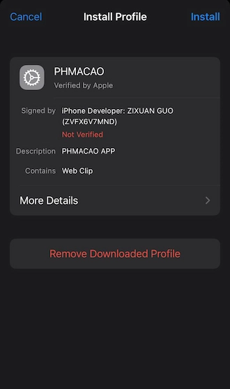 Step 4: Then go to settings and select “VPN and device management”. Then select the PHMACAO APK profile and press “Install”.