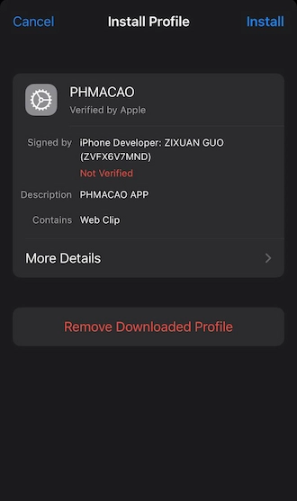 Step 4: Then go to settings and select "VPN and device management". Then select the PHMACAO APK profile and press "Install".