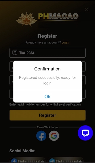 Step 3: Click “Register” and successfully register a betting account at PHMACAO PH