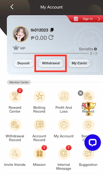 Step 1: Members, please access the “Withdrawal” section to withdraw the balance to your account.